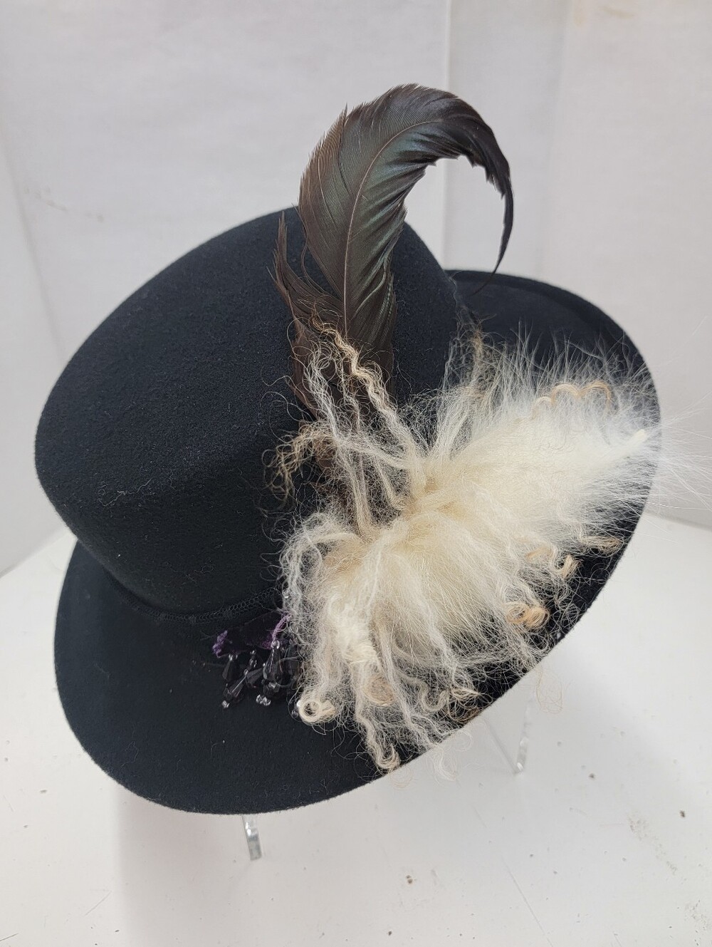 Stevie Nicks Style Wool Flat Brim Top Hat with Feather, Fur & Velvet Accent